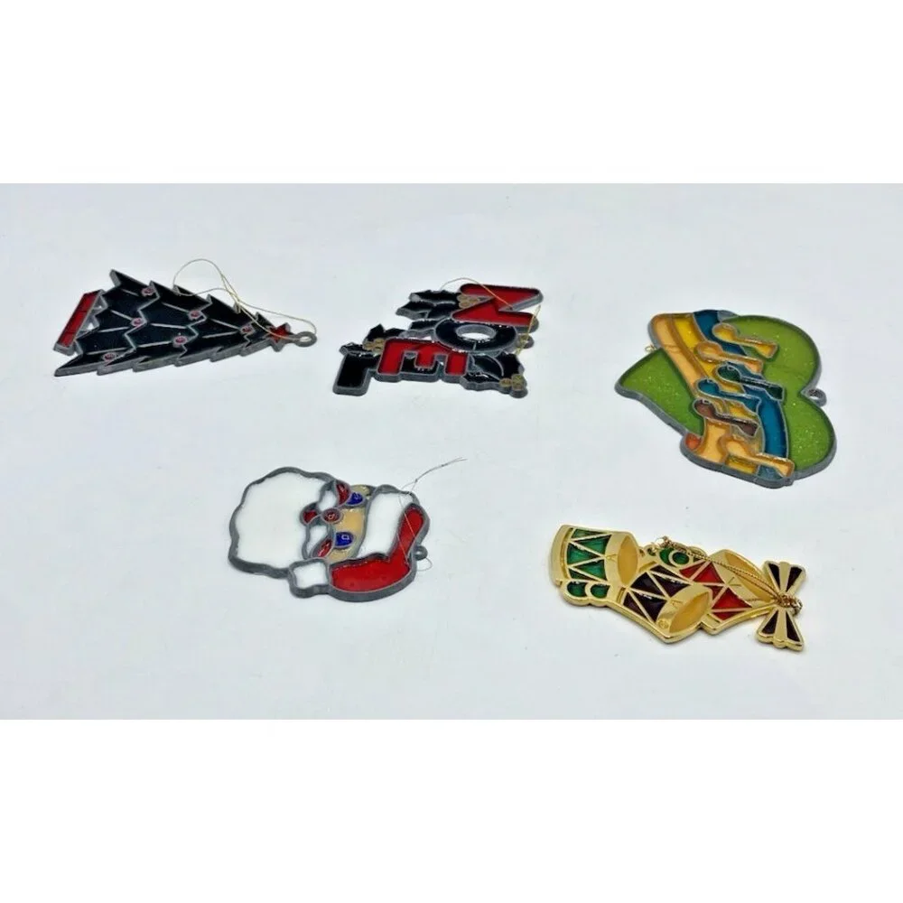 Lot 5 Vintage Plastic Christmas Ornaments Faux Stained Glass Suncatchers Decor